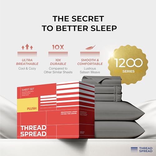 Image of THREAD SPREAD 100% Egyptian Cotton Split King Sheets Sets for Adjustable Bed - Luxury 1200 Series Split King Sheets (5 PC, Dark Grey), Soft, Cooling, 17 inch Deep Pocket Sheet Set - Plush Collection