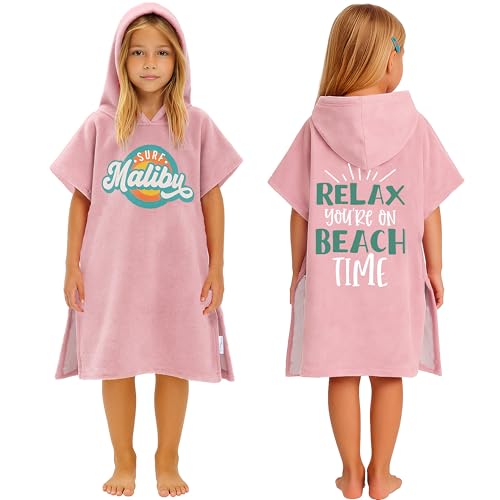 CalmyBEACH Badeponcho Kinder Poncho Handtuch - Mädchen Jungen Surf Frottee Bademantel Badetuch Baumwolle Strandponcho Surfponcho Kapuzenhandtuch 8-11 Jahr Malibu Rosa