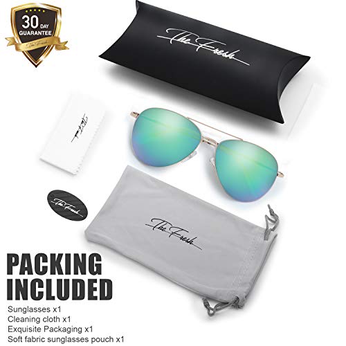 Image of The Fresh Classic Aviator Sunglasses for Men Women, Metal Frame Mirror Lens, Pilot Style, Includes Cleaning Cloth, Pouch