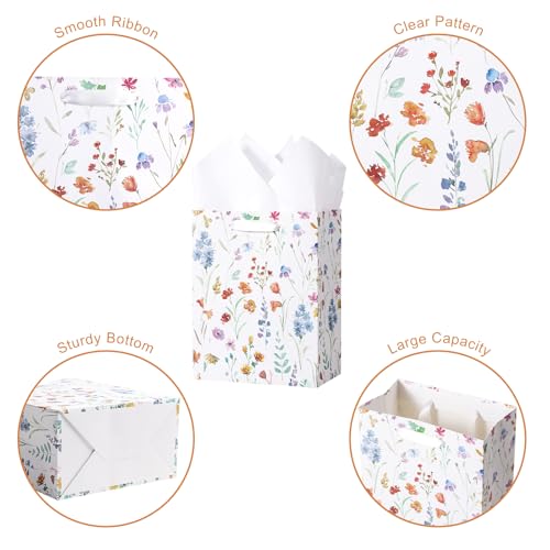 Image of Loveinside Medium Size Gift Bags, Colorful Flower Pattern Gift Bag with Tissue Paper for Shopping, Parties, Wedding, Baby Shower, Craft-4 Pack, 7 inch X 4 inch X 9 inch