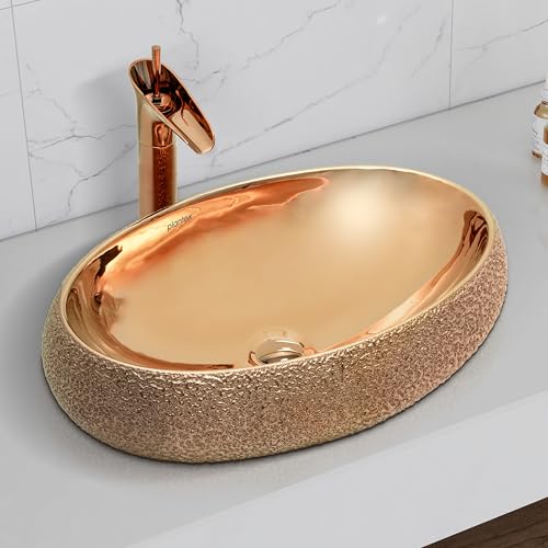 Image of Plantex Ceramic Wash Basin for Bathroom /Vessel Sink /Countertop Washbasin - Indo-European Collection (Rose Gold, 22 x 15 x 6 Inch)