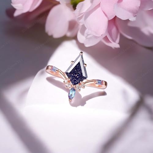Vintage Kite Cut Galaxy Sandstone Engagement Ring 14k Rose Gold Color Changing Alexandrite Handmade Jewelry Gift for Wife Art Deco V Shape Anniversary Ring3