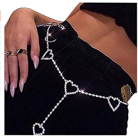 Flovel Sparkly Rhinestone Belly Chain Silver Heart Waist Chain Crystal Nightclub Body Chain Jewellery for Women and Girls Cover
