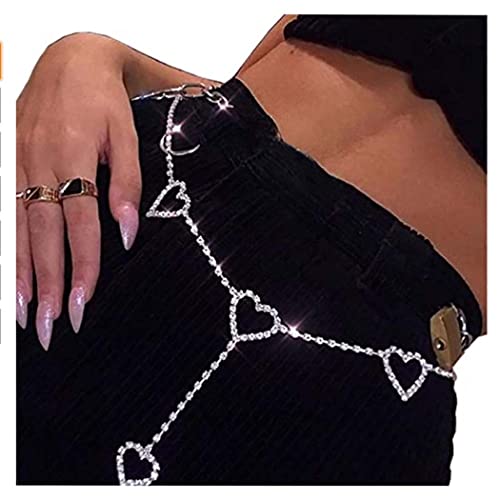 Flovel Sparkly Rhinestone Cintura Cadena Plata Corazón Cristal Cuerpo Cadenas Discoteca Vientre Cadena Joyas para mujeres y niñas Cover
