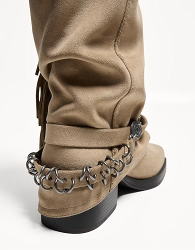 MAVMAX Fold Over Boots with Tassels Fringe Suede Cowboy Boots for Women Slouchy Mid Calf Riding Boot with Belt Buckle3