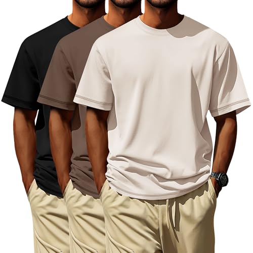 Neer 3 Pack Big and Tall Shirts for Men L-7xl, Short Sleeve Men Crewneck Tops Loose Casual Large T-Shirts Summer Basic Tee(Black, Mocha, Beige,3X-Large)