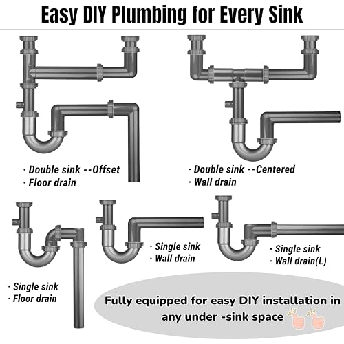 Universal 1-1/2\" Kitchen Sink Drain Kit with P-Trap – Complete Plumbing Repair Kit for Most Kitchen Sinks, Includes Pipe Connectors & Installation Accessories, Easy DIY Installation