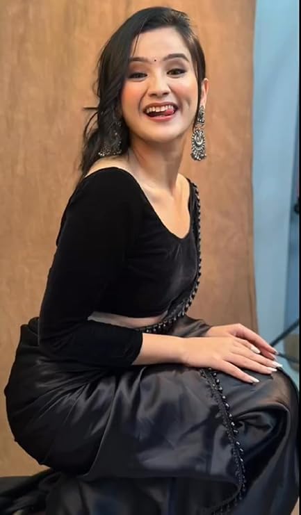 Women's Ready to Wear Black Satin Silk 1 Minute Pre Pleated Heavy Saree With Hand Work Lace | ready to wear sarees for women | zip and go saree (Black)