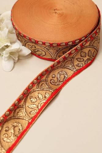 Image of Banarasi Silk Border Lace for Saree, Dupatta, Lehenga, Suit, Blouse & Home Furnishing, Crafting DIY (Beige Gold, 9 Meters x 2 Inch)