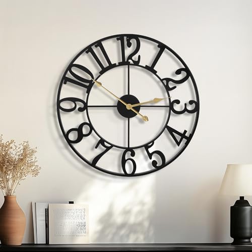 HAITANG Grande orologio da parete rotondo da 40 cm, quasi silenzioso, senza ticchettio, al quarzo, orologio decorativo a batteria, numeri arabi neri, orologi da parete in metallo, per soggiorno