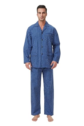 Image of GLOBAL Men 100% Cotton Pajamas Set Button Down Pjs Long Sleeve Pajamas for Men Soft Comfy Sleepwear