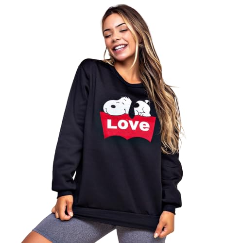 Moletom Blusa Casaco Frio Algodão Unissex Bordado Snoopy (BR, Alfa, M, Regular, Regular, Preto)
