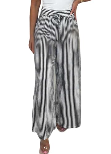 chouyatou Women's Summer Casual Striped Wide Leg Pants Drawstring Smocked High Waisted Palazzo Beach Pants