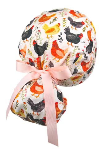 Image of Scrub Cap for Women and Men, Ponytail Scrub Caps, Working Hat, Head Cover with Ribbon Ties and Buttons, Long Hair