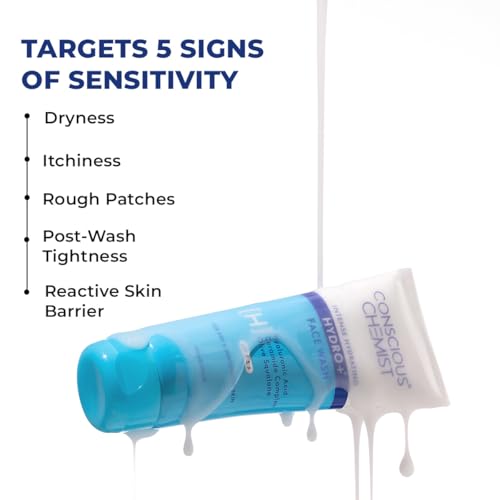 Image of Conscious Chemist Gentle Face Wash for Dry Skin | 100ml | Hydrating Cleanser for Face with Hyaluronic Acid, Ceramides and Ginseng Extract, Treats Dull and Dehydrated Skin for Women & Men - Hydro+