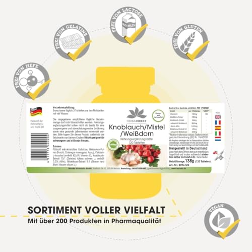 Knoblauch Mistel Weißdorn - 120 Tabletten mit Vitamin C, Hochdosiert, Vegan | HERBADIREKT by Warnke Vitalstoffe - Deutsche Apothekenqualität