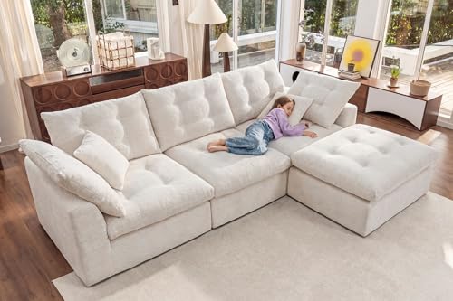 Nordivale 110" Oversized Cloud Sectional Boneless Couch, Modular Chenille L-Shaped Compressed Sofa with Ottoman & 3-in-1 Multi-Purpose Pillow, 3 Seater Memory Foam Couches for Living Room, Beige