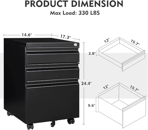 Image of MIIIKO 3 Drawer File Cabinet on Wheels, Home Office Mobile File Cabinet Under Desk, Full Assembled Metal Filing Cabinets with Lock for Legal /Letter /A4 File Folders