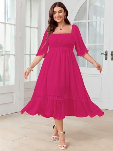Image of SCOMCHIC Women's Plus Size Boho Maxi Dress Short Sleeve Square Neck Smocked Flowy A-Line Lace Trim Wedding Guest Dresses