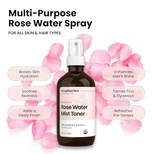 Rose Water Spray for Face & Hair – Pure USDA Organic Rosewater Toner – Refreshing Mist for Skin Care, Makeup & Locs – Natural Rose Scent, 4 Oz