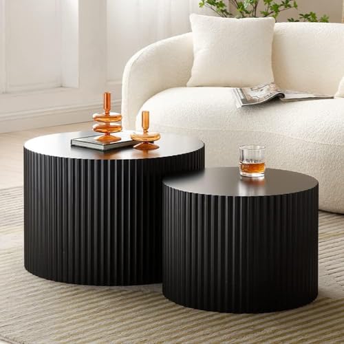 WAKEEPING Nesting Coffee Tables Set of 2, Black Round Coffee Tables for Living Room Modern Fluted Tea Tables 23.6