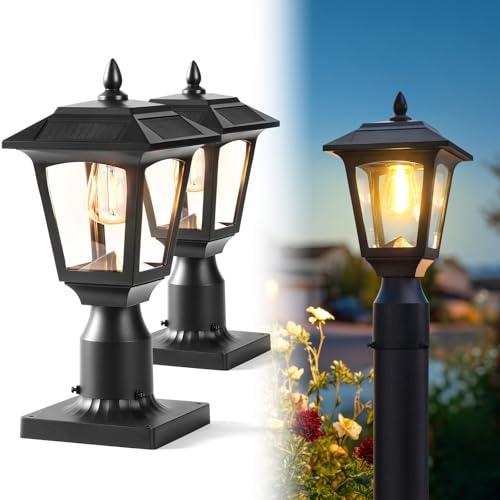PASAMIC Solar Post Light 2 Pack, 3000K (Warm White) Dusk to Dawn Outdoor Solar Lamp with Aluminum Base, Waterproof Pillar Light for Fence, Garden, Yard, Patio,Outside Decoration– Bonus Bulb Included