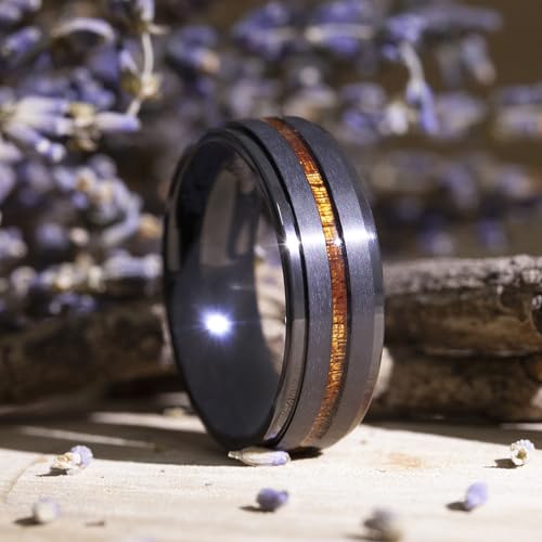 LerchPhi 8MM Mens Wedding Band Black Zirconium Ring KOA Wood Inlay Stepped Edge Unisex Promise Ring for Him and Her4