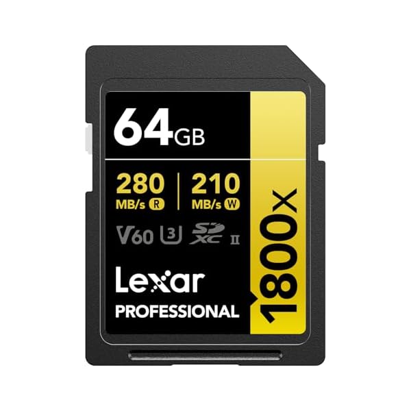 Lexar SDXC Professional 64GB 1800x UHS-II Serie Gold, Clase 10, U3, V60, Grabación de vídeo en 4K, Negro