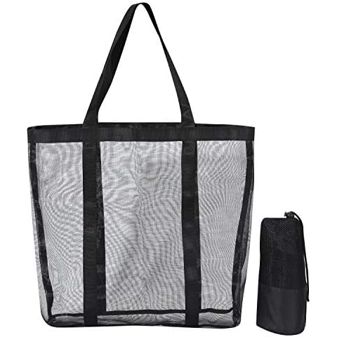 Mesh Beach Bag - Durable Tote Bag- Simply lightweight for Shopping Groceries Sports Gym Swimming Pool Travel Tote Bag (Black, X-Large) Cover