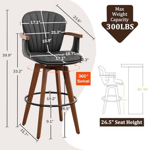 Image of LUNLING 26 inch Counter Height Stools Set of 2,Mid Century Modern Bar Stools,Black PU Leather Kitchen Island Stools,Wood High Barstools Swivel with Back and Arms for Home Bar Furniture