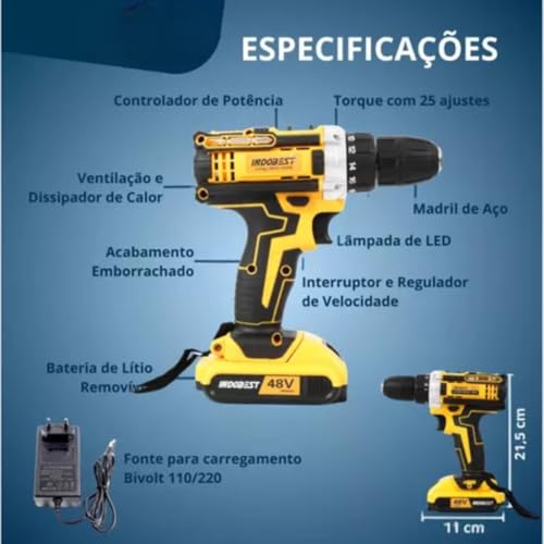 Parafusadeira Furadeira Sem Fio 48 2 Baterias 340w
