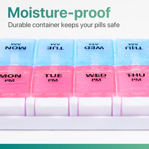 Image of Sukuos Weekly Pill Organizer 7 Day 2 Times A Day, AM PM Medicine Pill Box with Easy Push Button, BPA Free Vitamin Cases for Fish Oil /Supplements, Easy to Clean (Red&Blue)