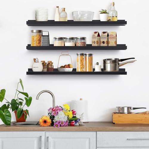 Image of Wooden Floating Wall Shelves Set of 3 for Living Room & Bedroom | Modern Wall Mounted Display Rack for Decor, Photo Frames, Plants & Storage (Black, 35 Inch)