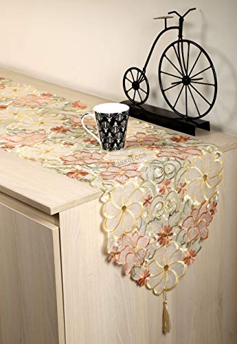 Image of MONKDECOR 022 Tissue Embroidery Dining Table Runner (15x70 Inches, Brown)