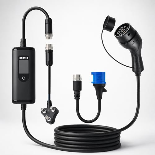 Image of Statiq 7.4kW Portable EV Charger with Carry Bag & Wall Bracket | 32A Type 2 AC | 3 Pin Industrial Plug with Connector | 6A-32A Adjustable | IP66 | LED Display | Home, Office & Travel | 2 Yr Warranty