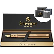 Scriveiner Gold Luxury Fountain Pen Fine - Award Winning - Heavy Pocket Pen, Real Gold Plating Bundle with Fountain Pen Ink Cartridges - Black & Blue - 20 Standard International each box, Made in UK