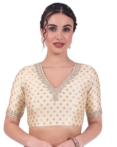 Image of Studio Shringaar Women's Brocade Embroidered V-Neck Readymade Elbow Length Sleeves Saree Blouse