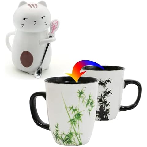 Asmwo Color Changing Heat Sensitive Magic Funny Art Mug Large Coffee Tea Bamboo Printing and Cute 3D Cat Mug Funny Porcelain Mugs for Women Mom grandma Gifts,16oz and 14oz Cover