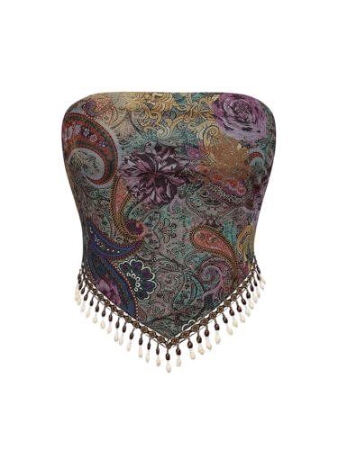 BEAUDRM Womens Boho Fringe Tube Tops 70s Hippie Paisley Bandana Country Concert Festival Crop Tops Whimsy Clothes Multicolor Medium