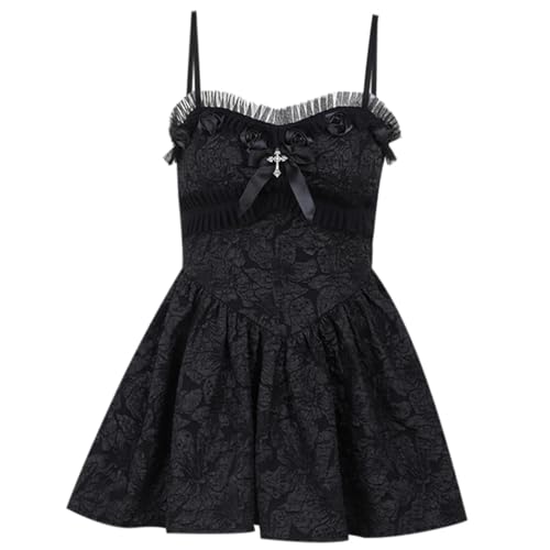 YINGWIN Damen Y2K Rose Strukturiertes Kleid Gothic Neckholder Ärmelloses Kleid Emo Lolita Spitzenkleider Mini A-Linie Plissee Swing Kleid Damen...