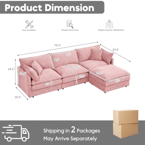 Image of 110.5 inch L Shaped Modular Sectional Sofa, Comfy Upholstery Chenille Cloud Couch with Ottoman, Modern 4-Seat Deep Seat Sofa with Pillow for Living Room, Bedroom, Apartment, Pink