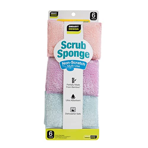 Image of Smart Design Non Scratch Scrub Sponge with Bamboo Odorless Rayon Fiber - Set of 6 - Ultra Absorbent - Soft and Scrubber Side - Cleaning, Dishes, and Hard Stains - Pastel - Blue, Purple, Pink