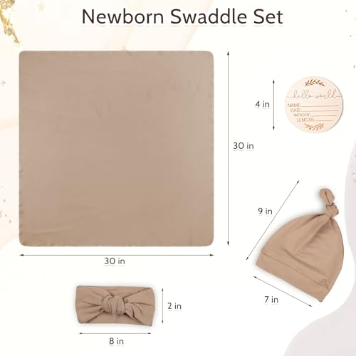 Image of TANOFAR 4-Pack Newborn Swaddle Blanket for Baby Girls & Boys, Ultra Soft Receiving Blankets with Matching Headband and Beanie Set Baby Nursery Swaddle Wrap (Brown)