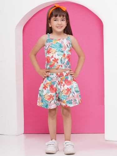 Image of AJ DEZINES Kids Clothing Floral Printed Pure Cotton Top Shorts With Jacket Cord Set for Girls