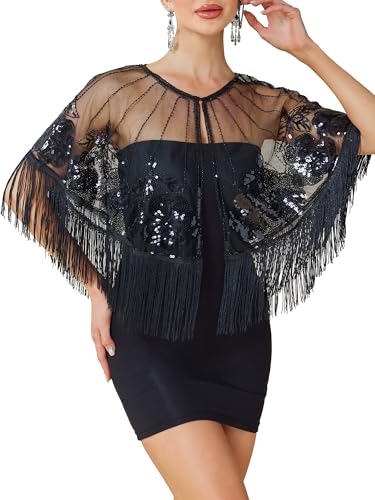 RRYIO Women's 1920s Shawl Wraps,Sequin Beaded Flapper Evening Shawls for women formal/Party/Wedding/Formal/Harlem night (Black)