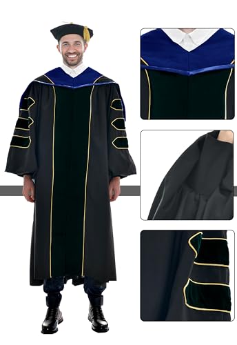 Image of Deluxe Graduation Doctoral Gown Doctoral Hood and Tam 8 Sided Package with Gold Piping Doctoral Regalia