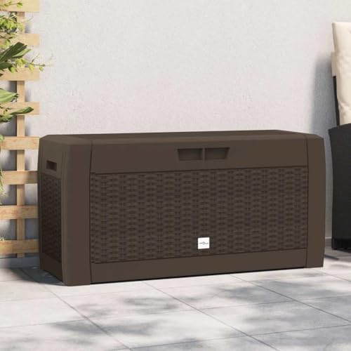 QUAHEAS Baúl de jardín marrón de polipropileno, 119 x 48 x 60 cm, con tapa, se puede cerrar, resistente a la intemperie, para jardín, terraza, balcón, espacio de almacenamiento y orden con función de