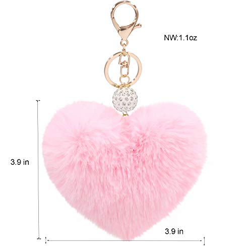Image of Women's Heart Faux Fur Pom Pom Key Chains Bag Accessory Puffball Keyring Backpack Charms for Girls