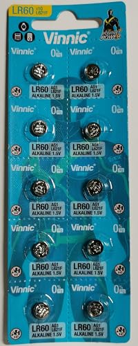 Vinnic AG1 L621 LR60 Alkaline Battery (10 Pack) Used in Watches, Calculators, Toys, Lasers, Watches, Thermometers, and Many Other Electronic Items.