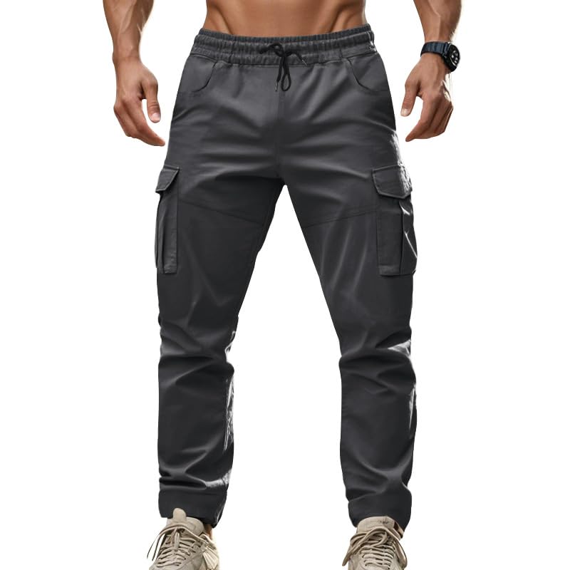 evzosrz Tactical Cargo Pants Mens Casual Drawstring Stretch Joggers Relaxed Fit Elastic Waist Work Pants with Multi Pockets
